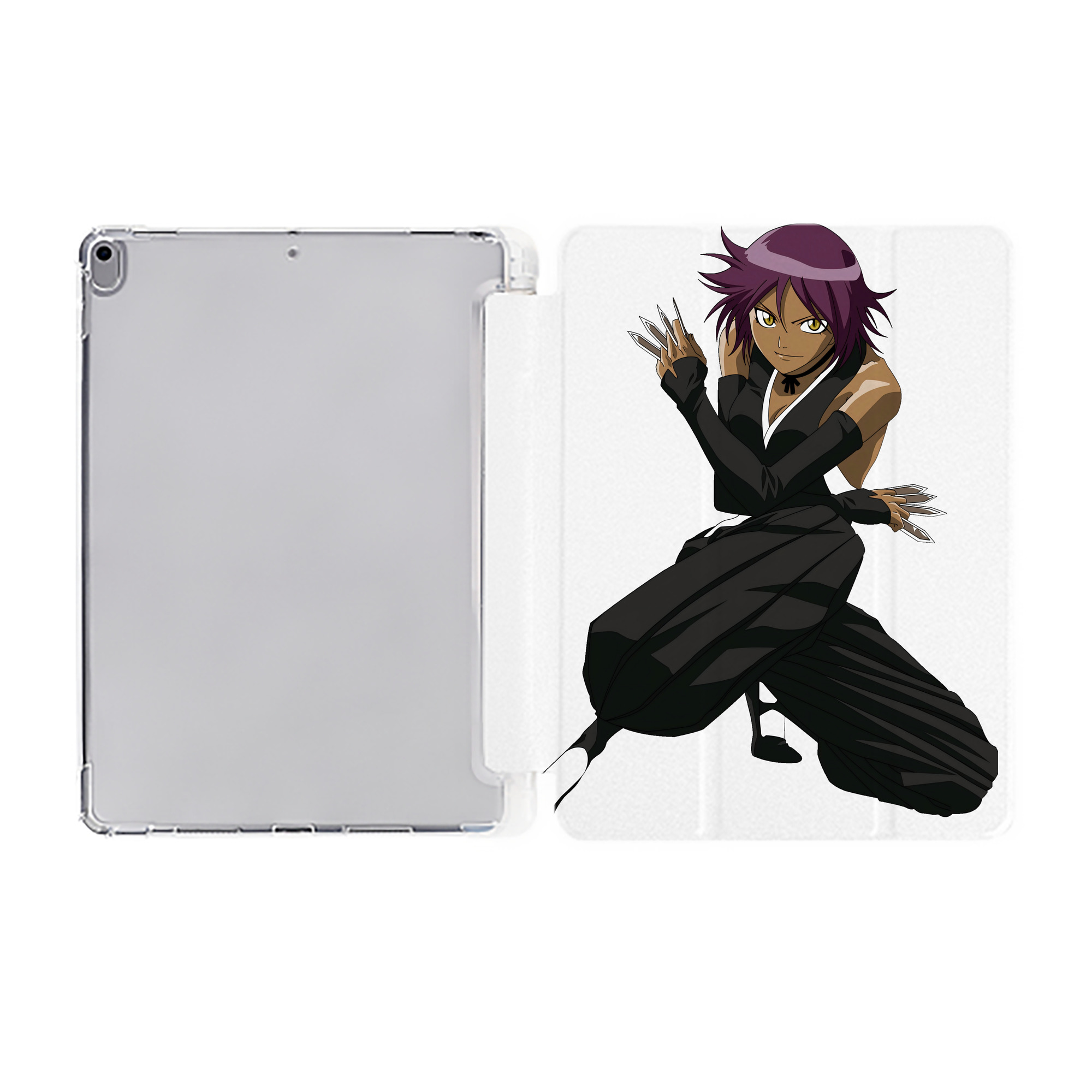 （画像用） ブリーチ 四楓院 夜一（しほういん よるいち） BLEACH Shihouin Yoruichi IPad ケース ペン収納付き 三つ折りスタンド PUレザー×シリコン 対応機種9.5/10.5/10.9インチ